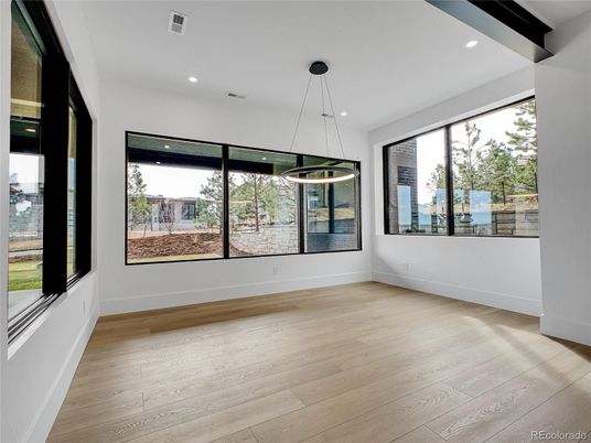 Empty room, Interior, Pendant Lights, Recessed Lighting, Wood Texture Flooring
