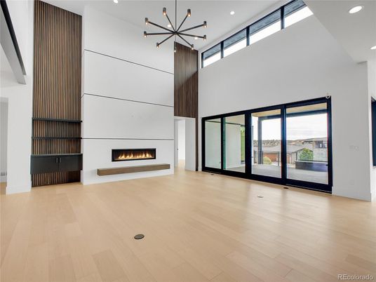 Empty room, Fireplace, Interior, Pendant Lights, Recessed Lighting, Wood Texture Flooring