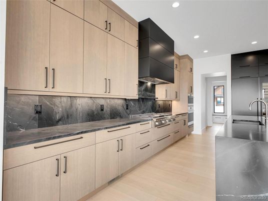 Interior, Kitchen, Marble Walls, Recessed Lighting, Wood Texture Flooring