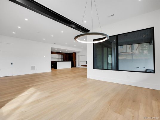 Empty room, Interior, Kitchen, Pendant Lights, Recessed Lighting, Wood Texture Flooring