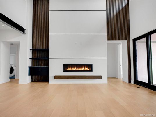 Fireplace, Interior, Recessed Lighting, Wood Texture Flooring