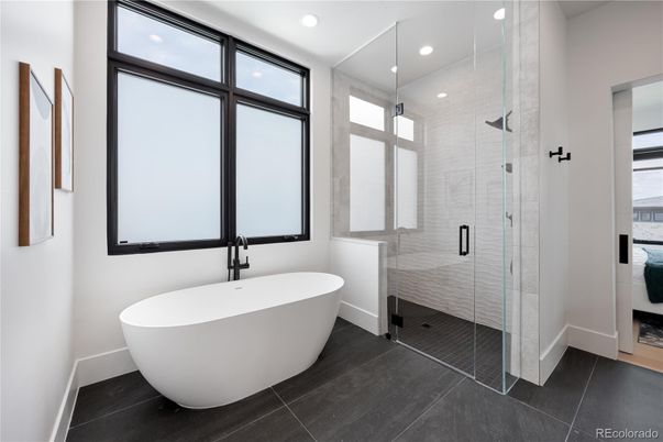 Bathroom, Free Standing Baths, Glass Shower, Interior, Recessed Lighting