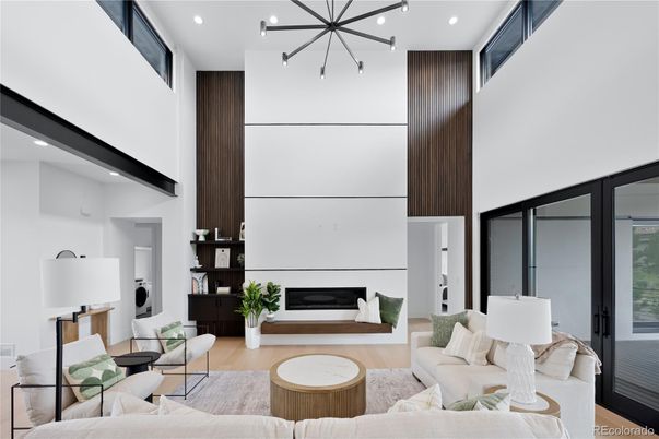 Fireplace, Interior, Living room, Pendant Lights, Recessed Lighting, Wood Texture Flooring