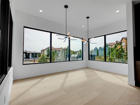 Empty room, Interior, Pendant Lights, Recessed Lighting, Wood Texture Flooring