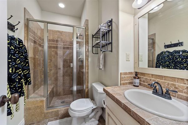 Bathroom, Glass Shower, Interior, Recessed Lighting, Tile Countertops