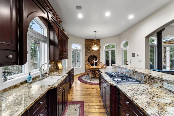 Dining room, Fireplace, Interior, Kitchen, Pendant Lights, Recessed Lighting, Wood Texture Flooring
