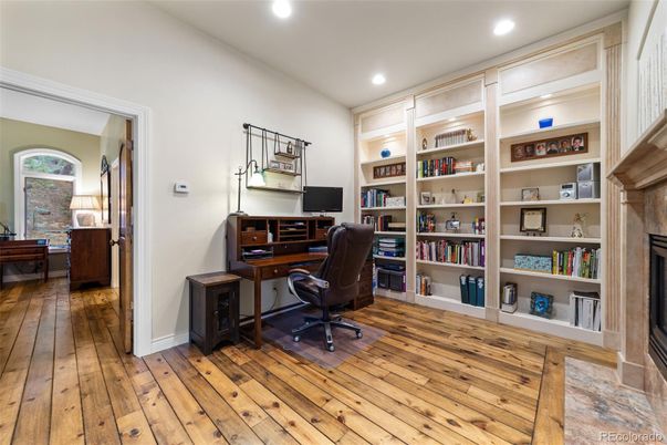 Fireplace, Home Office, Interior, Recessed Lighting, Wood Texture Flooring