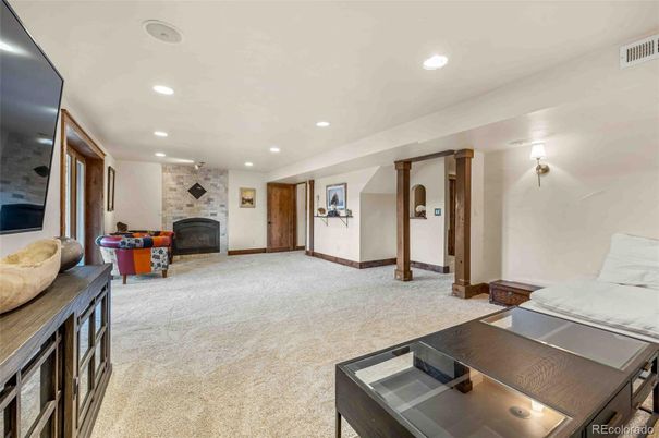 Fireplace, Interior, Recessed Lighting, Stone Walls