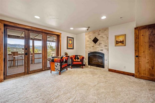Fireplace, Interior, Recessed Lighting, Stone Walls