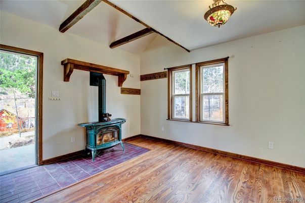 Empty room, Fireplace, Interior, Wooden Beams, Wood Texture Flooring