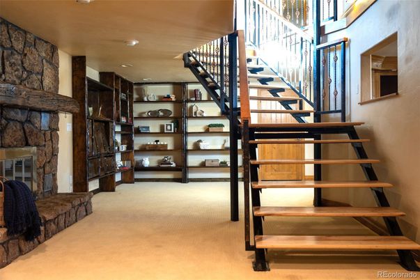 Fireplace, Interior, Recessed Lighting, Stone Walls