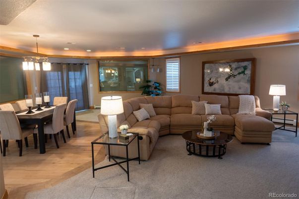 Dining room, Interior, Living room, Pendant Lights, Recessed Lighting, Wood Texture Flooring