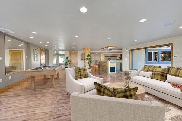 Billiard Table, Game Room, Interior, Living room, Recessed Lighting, Wood Texture Flooring