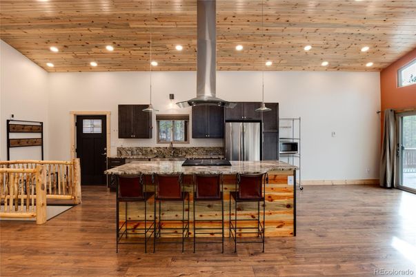 Interior, Kitchen, Pendant Lights, Recessed Lighting, Wooden Ceilings, Wood Texture Flooring