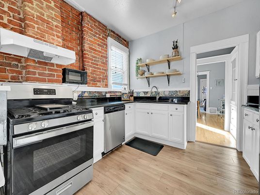 Interior, Kitchen, Stainless Steel Appliances, Stone Walls, Wood Texture Flooring