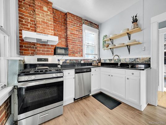 Interior, Kitchen, Stainless Steel Appliances, Stone Walls, Wood Texture Flooring