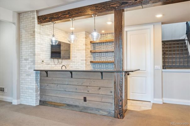 Fireplace, Interior, Pendant Lights, Recessed Lighting, Stone Walls
