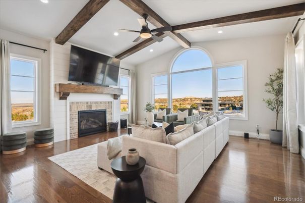 Fireplace, Interior, Living room, Recessed Lighting, Wooden Beams, Wood Texture Flooring