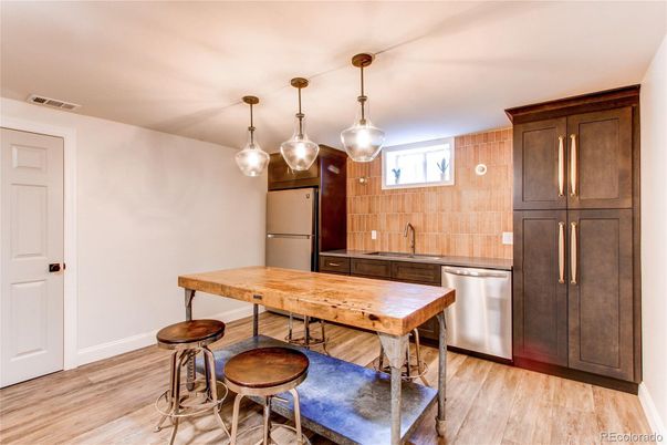 Interior, Kitchen, Pendant Lights, Stainless Steel Appliances, Wood Texture Flooring