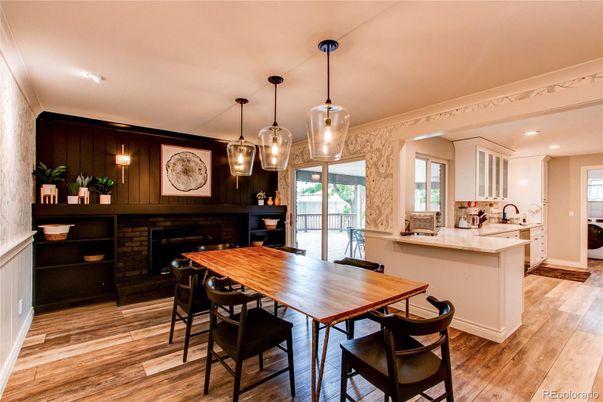 Dining room, Fireplace, Interior, Pendant Lights, Recessed Lighting, Wood Texture Flooring