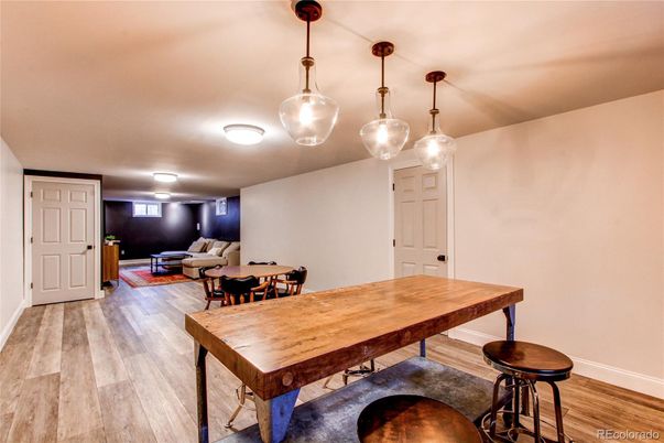 Dining room, Interior, Pendant Lights, Wood Texture Flooring