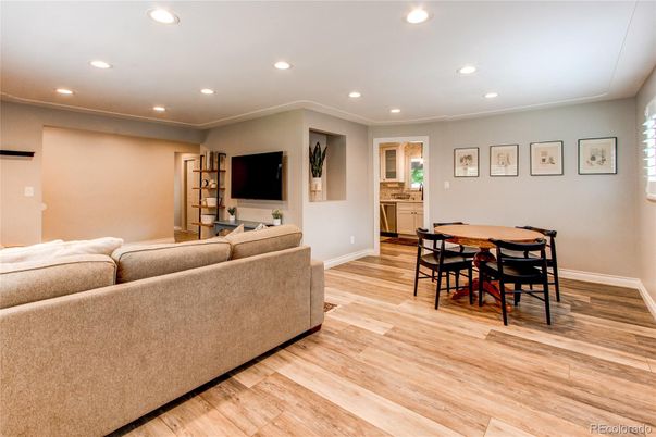 Dining room, Interior, Living room, Recessed Lighting, Wood Texture Flooring