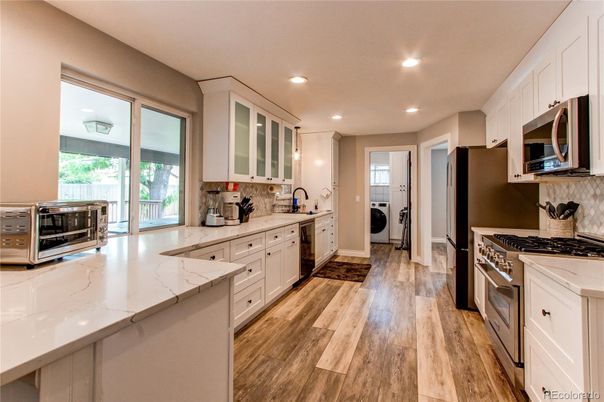 Interior, Kitchen, Recessed Lighting, Stainless Steel Appliances, Washer, Wood Texture Flooring