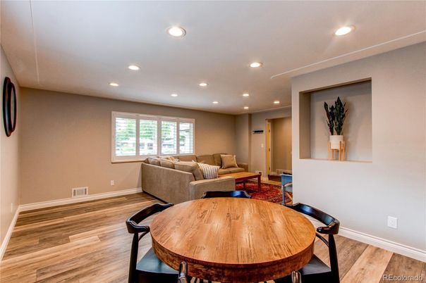 Dining room, Interior, Living room, Recessed Lighting, Wood Texture Flooring
