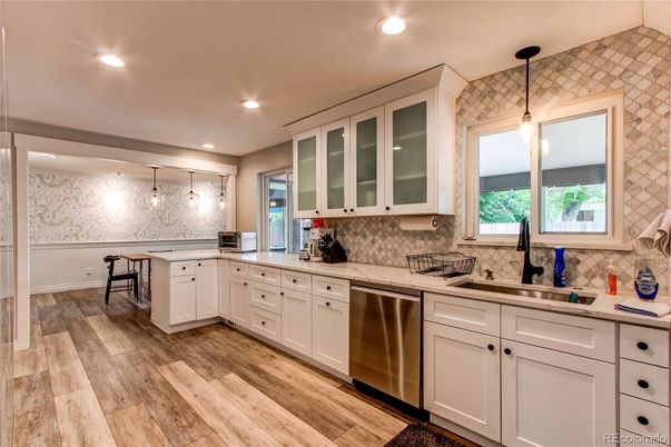 Interior, Kitchen, Pendant Lights, Recessed Lighting, Stainless Steel Appliances, Wood Texture Flooring