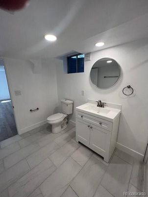 Bathroom, Dual Sink Vanities, Interior, Recessed Lighting, Wood Texture Flooring