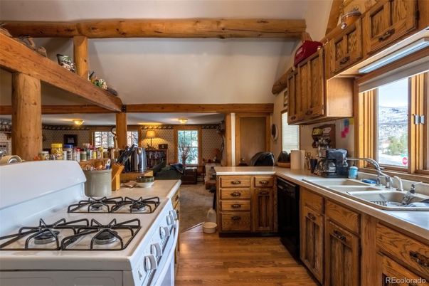 Chandelier, Interior, Kitchen, Wooden Beams, Wood Texture Flooring