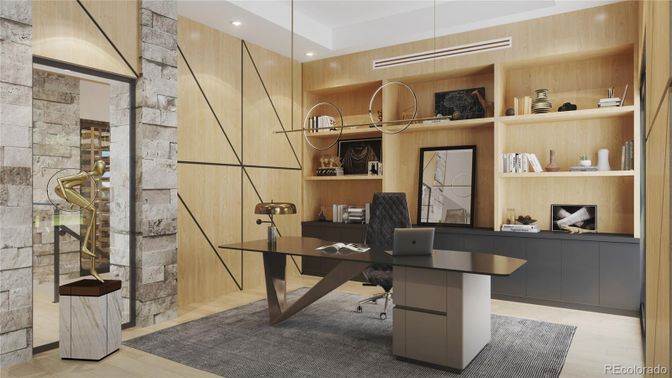 Home Office, Interior, Pendant Lights, Recessed Lighting, Stone Walls