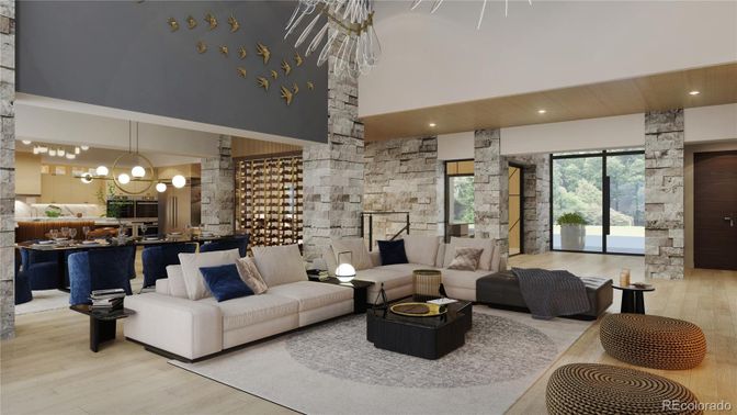 Dining room, Interior, Kitchen, Living room, Pendant Lights, Recessed Lighting, Stone Walls, Wood Texture Flooring