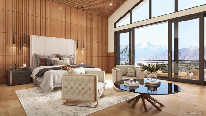 Bedroom, Interior, Living room, Recessed Lighting, Wood Texture Flooring, Wooden Walls