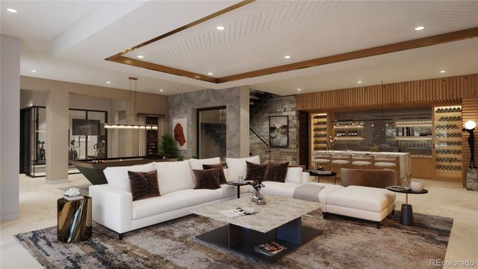 Interior, Living room, Pendant Lights, Recessed Lighting, Stone Walls