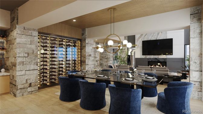 Dining room, Fireplace, Interior, Living room, Pendant Lights, Recessed Lighting, Stone Walls, Wine Storage, Wood Texture Flooring
