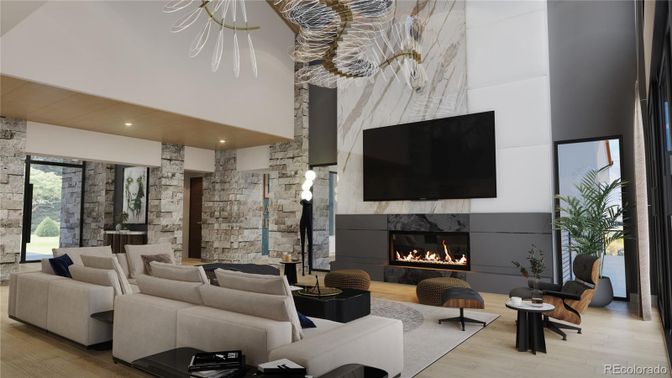 Fireplace, Interior, Living room, Recessed Lighting, Stone Walls, Wood Texture Flooring