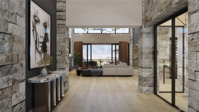 Interior, Living room, Stone Walls, Wood Texture Flooring