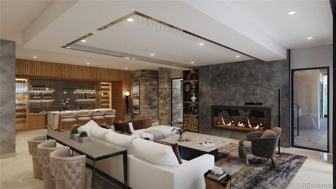 Fireplace, Interior, Living room, Recessed Lighting, Stone Walls