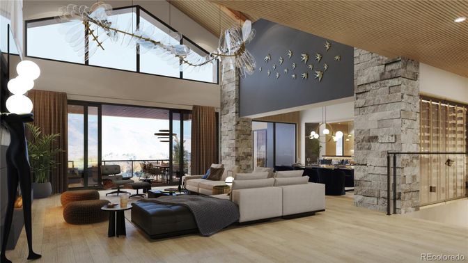 Dining room, Interior, Living room, Pendant Lights, Stone Walls, Wood Texture Flooring