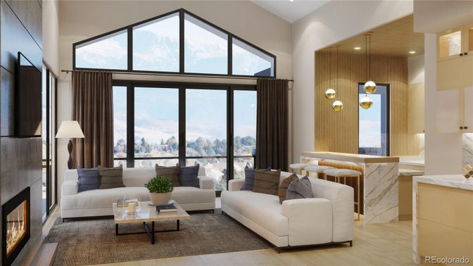 Fireplace, Interior, Living room, Pendant Lights, Recessed Lighting, Wood Texture Flooring