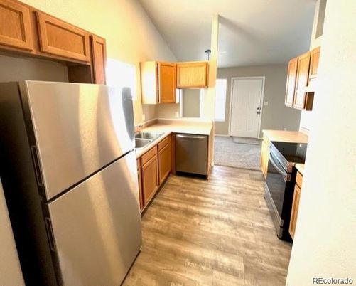 Interior, Kitchen, Pendant Lights, Stainless Steel Appliances, Wood Texture Flooring