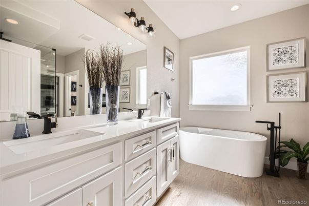 Bathroom, Dual Sink Vanities, Free Standing Baths, Interior, Recessed Lighting, Wood Texture Flooring