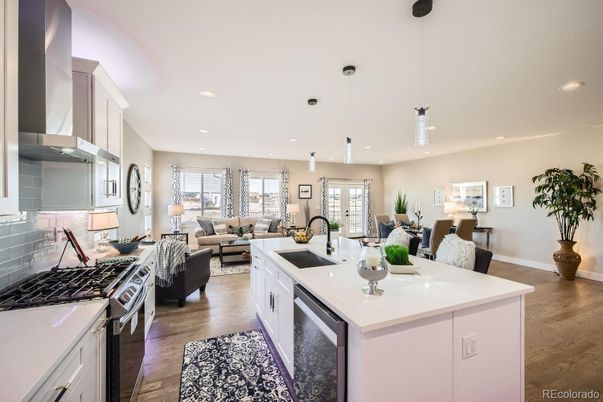 Dining room, Interior, Kitchen, Living room, Pendant Lights, Recessed Lighting, Wood Texture Flooring