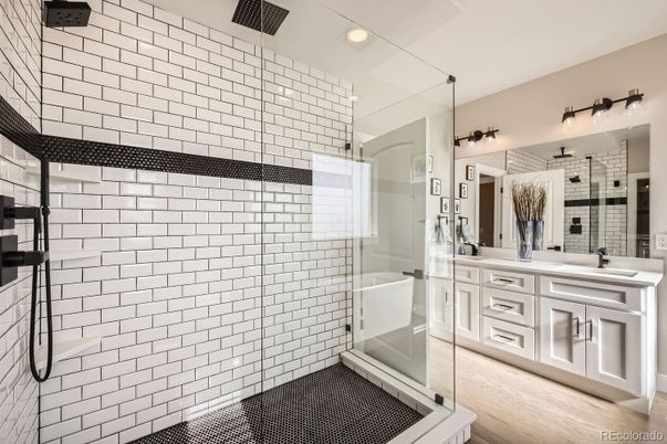 Bathroom, Glass Shower, Interior, Recessed Lighting, Wood Texture Flooring