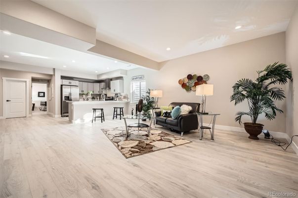 Interior, Kitchen, Living room, Recessed Lighting, Stainless Steel Appliances, Wood Texture Flooring