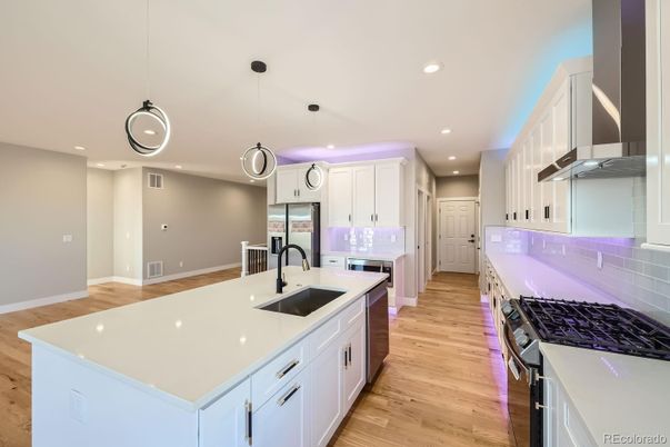 Interior, Kitchen, Pendant Lights, Recessed Lighting, Wood Texture Flooring