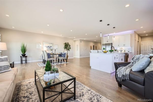 Dining room, Interior, Kitchen, Living room, Pendant Lights, Recessed Lighting, Wood Texture Flooring