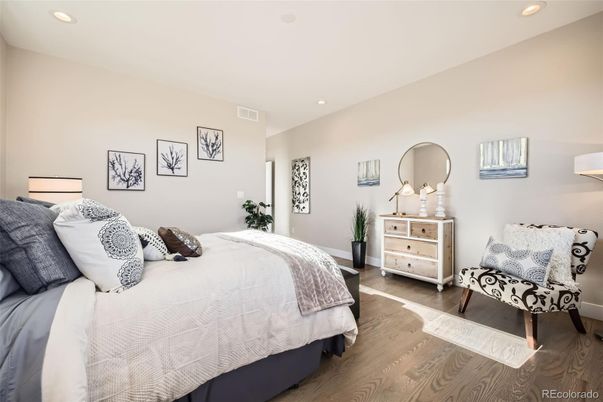 Bedroom, Interior, Recessed Lighting, Wood Texture Flooring