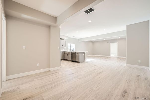 Empty room, Interior, Kitchen, Recessed Lighting, Wood Texture Flooring